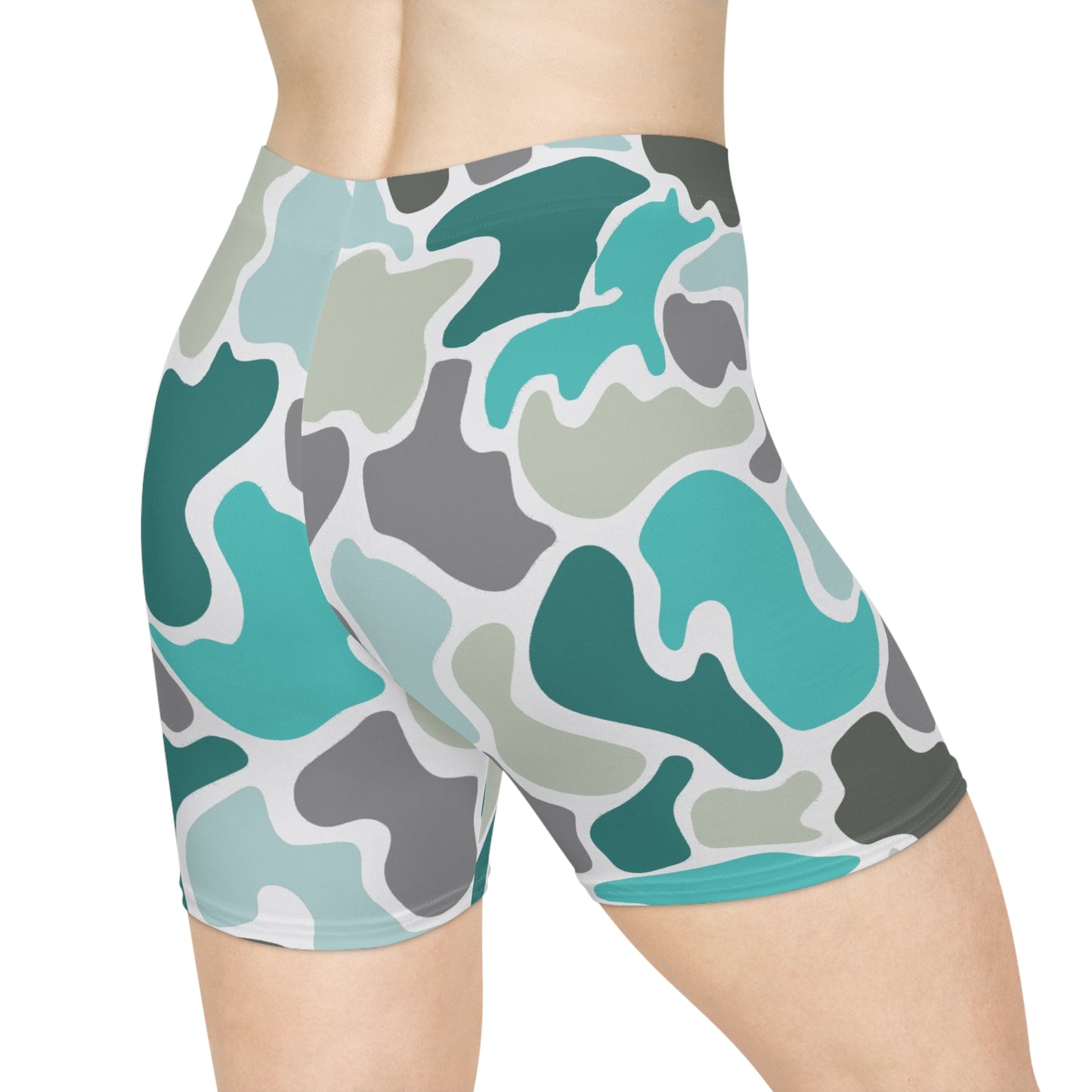 Women's Turqoise Camo Biker Shorts - Stylish Workout Gear for Active Ladies