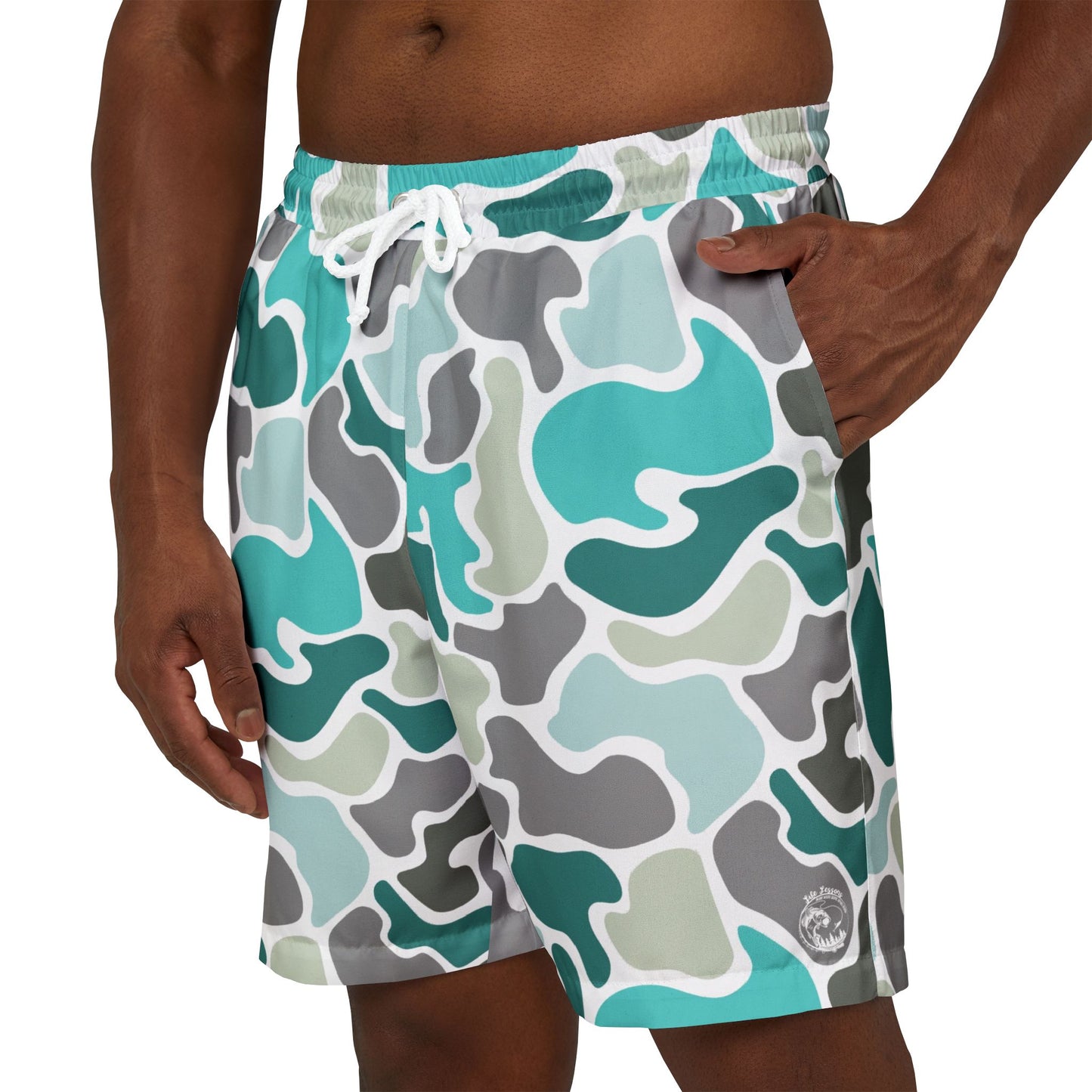 Stylish Unisex Swim Shorts - Turqoise Camo Print for Summer Adventures