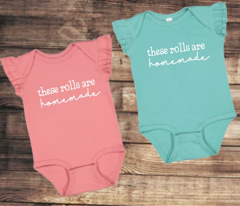 “These rolls are homemade” ruffle sleeve onesie