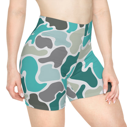 Women's Turqoise Camo Biker Shorts - Stylish Workout Gear for Active Ladies