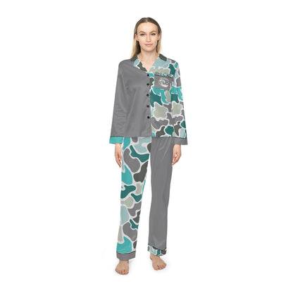 Women’s Satin Turquoise Camouflage Pajamas - Stylish Sleepwear for Comfort & Relaxation