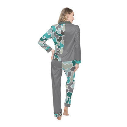 Women’s Satin Turquoise Camouflage Pajamas - Stylish Sleepwear for Comfort & Relaxation