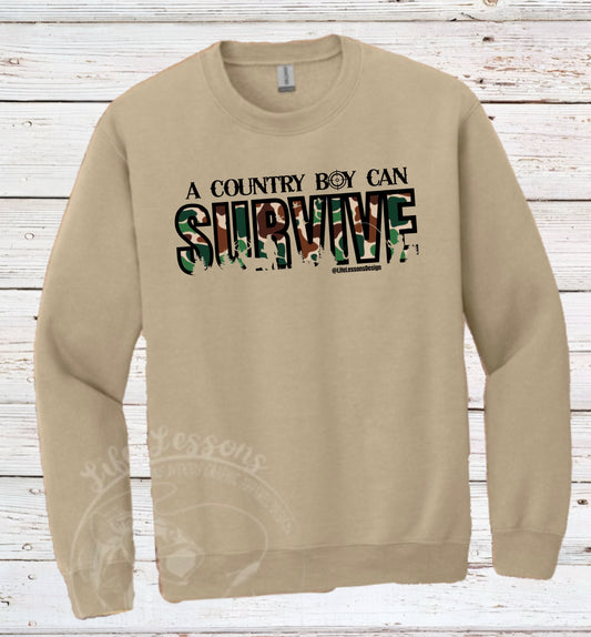 “Country Boy Can Survive” Duck camo fleece crewneck